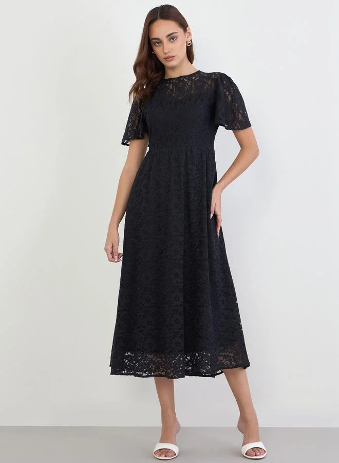 Styli  Women Black Scalloped Lace Midi Dress for Women | Best Price UAE